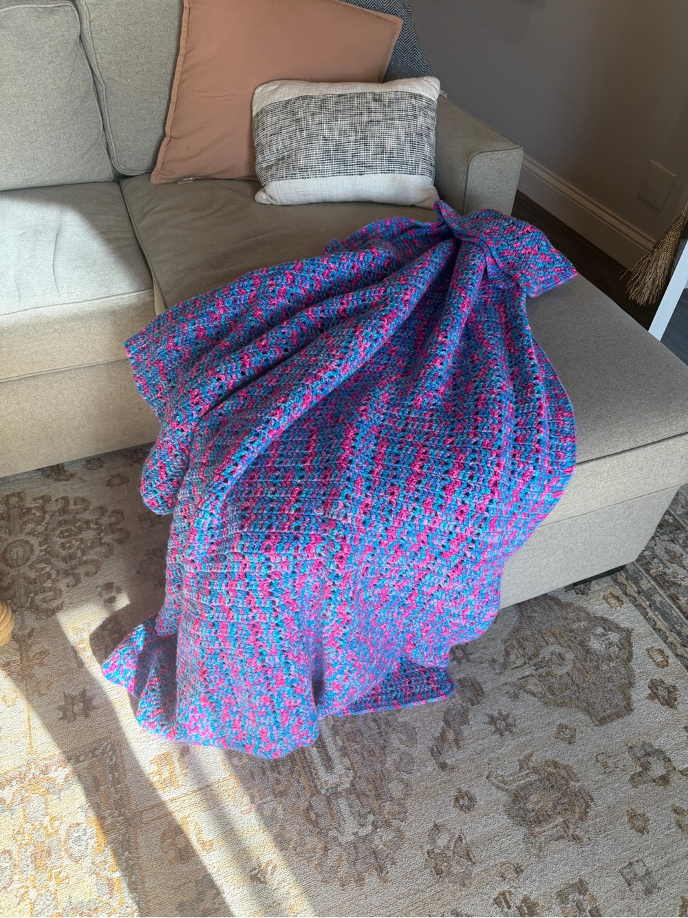 Cozy Handmade Crochet Multicolor Knit Throw Blanket - Blue & Pink